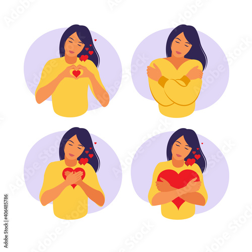 Young woman hugs a big heart with love and care. Self care and body positive concept. Feminism, fight for your rights, girl power concept. Flat.