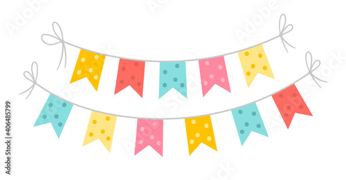 Vector rectangle flags for holidays decoration. Cute funny hanging carnival pennants illustration for card, invitation, banner design. Bright festival or fair garland isolated on white background. .