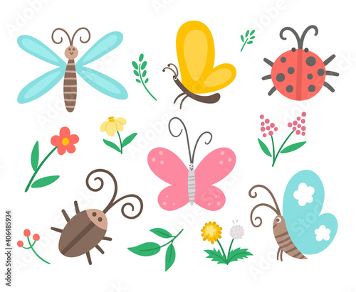 Vector flat insect and first flower icons pack. Funny spring garden collection. Cute ladybug, butterfly, beetle, dandelion illustration for kids isolated on white background. Bugs and plants set.
