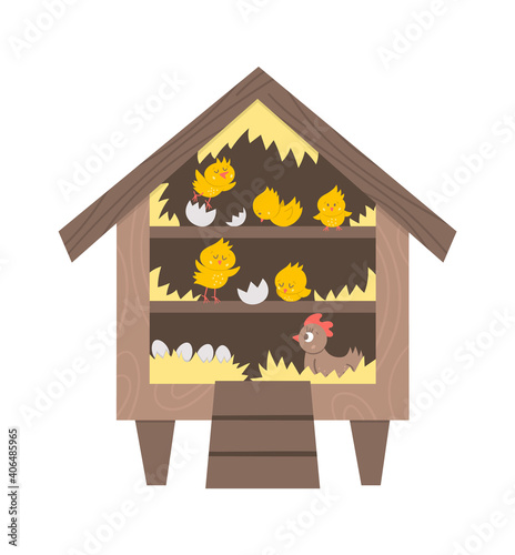 Vector cute roost icon with hatching chicks and hen inside. Funny perch illustration for kids. Farm or garden birds house isolated on white background. Hen-coop picture.