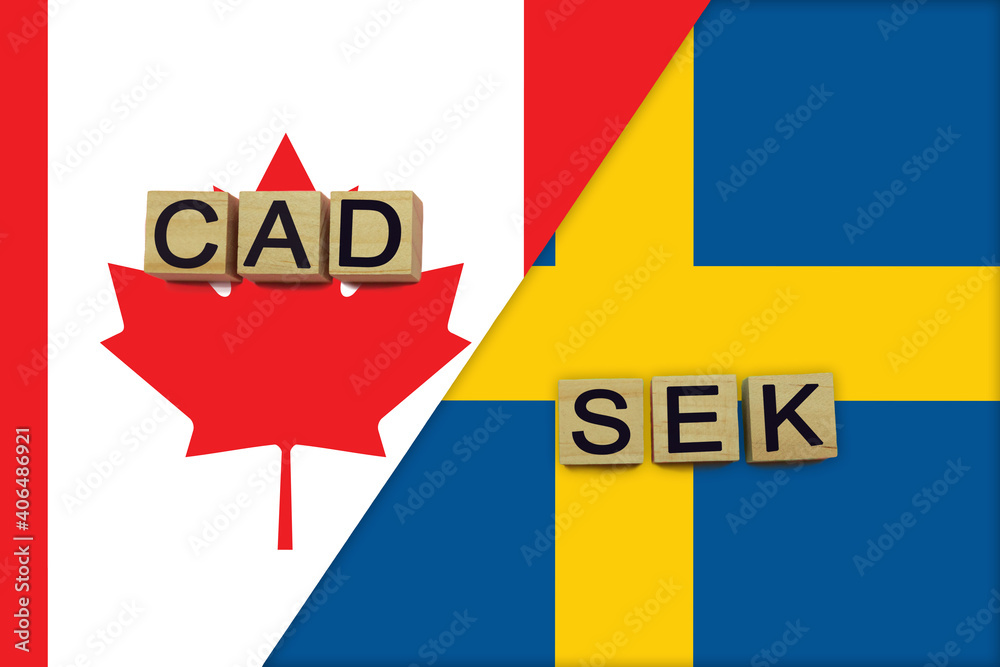 Canada and Sweden currencies codes on national flags background