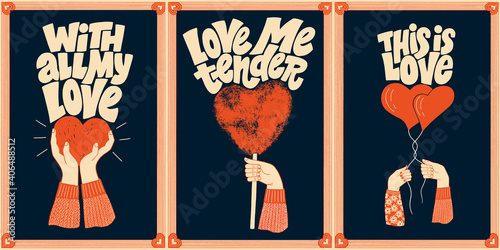Vector card set for valentines day. Romantic collection for social media, print, t-shirt, card, poster, gift, landing page, web design elements. Hand-drawn lettering typography. Doodle illustration.