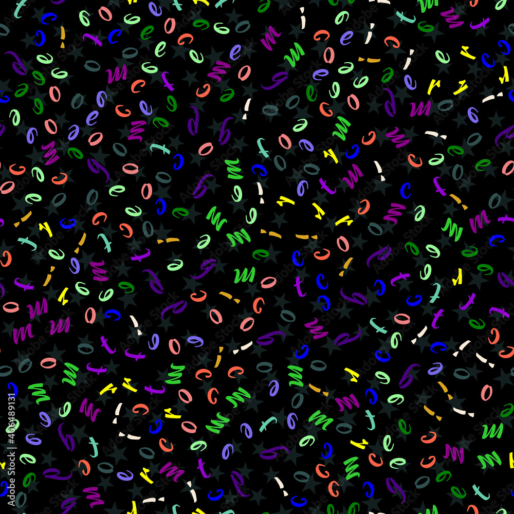 Seamless pattern with multicolored letters on a black background. Vector. Printed T-shirts for boys. Children s texture. Seamless pattern with multicolored letters on a black background. Vector. Printed T-shirts for boys. Children s texture.