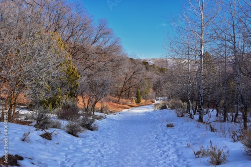 Winter snow mountain hiking trail views Yellow Fork Canyon County Park Rose Canyon by Rio Tinto Bingham Copper Mine  in winter. Salt Lake City  Utah. United States.