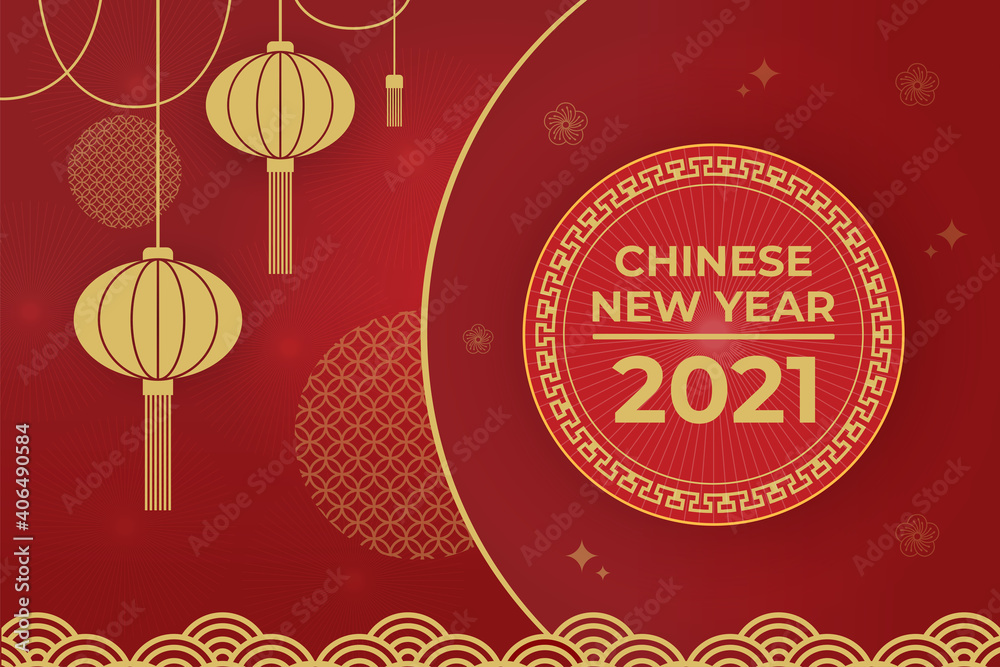 Chinese Greeting Card for 2021 New Year. Vector illustration. Golden Flowers, Clouds and Asian Elements on Red Background