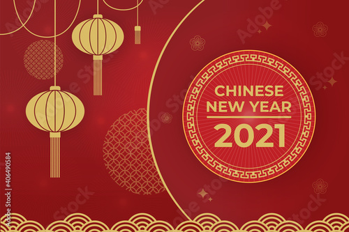 Chinese Greeting Card for 2021 New Year. Vector illustration. Golden Flowers  Clouds and Asian Elements on Red Background