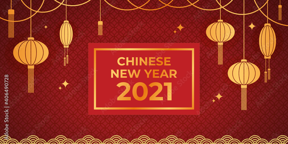 2021 Chinese New Year greeting card. Golden and red ornament. Flat style design. Concept for holiday banner template, decor element