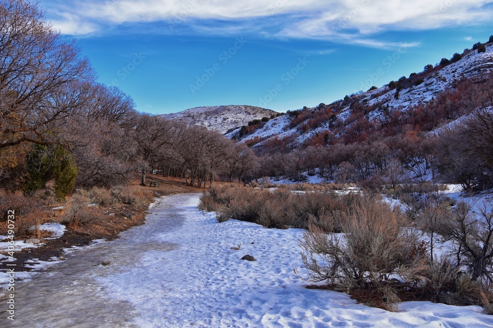Winter snow mountain hiking trail views Yellow Fork Canyon County Park Rose Canyon by Rio Tinto Bingham Copper Mine, in winter. Salt Lake City, Utah. United States. Winter snow mountain hiking trail views Yellow Fork Canyon County Park Rose Canyon by Rio Tinto Bingham Copper Mine, in winter. Salt Lake City, Utah. United States.
