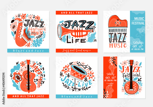 Jazz festival poster template. Lettering and floral decoration