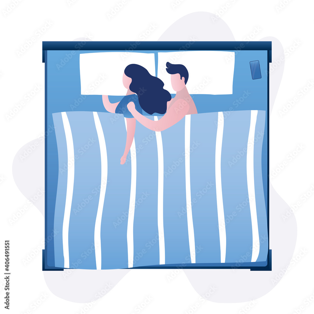 Love couple lying in bed. Woman and man sleep and hug, top view. People ...