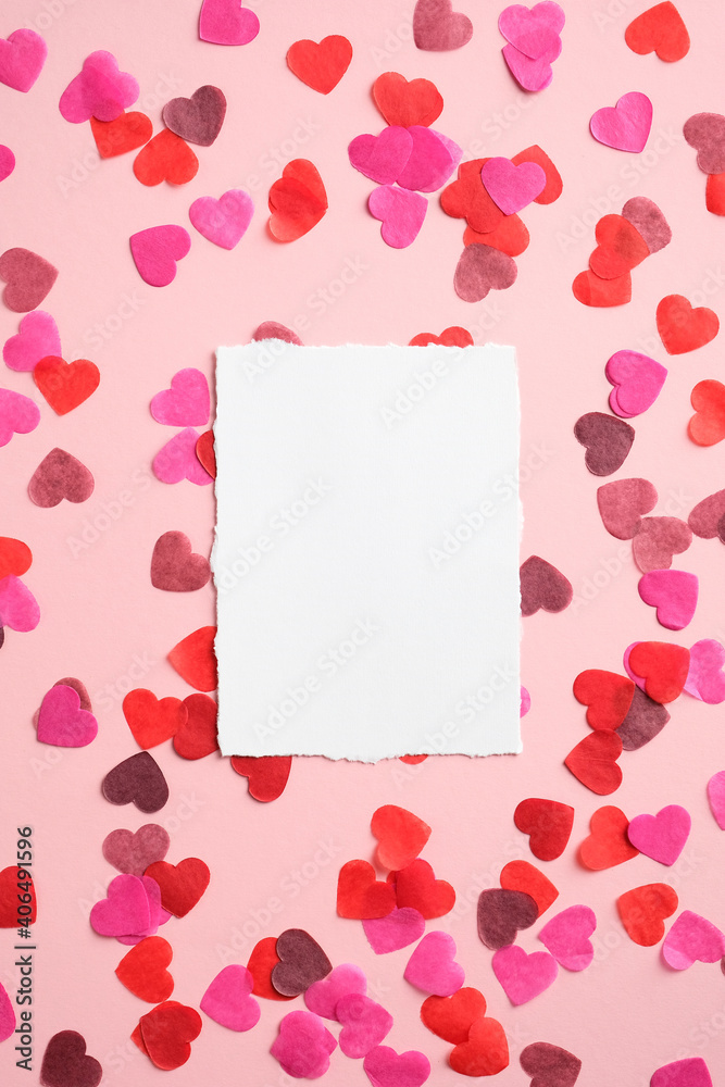 Happy Valentines day concept. Blank paper card and hearts on pink ...
