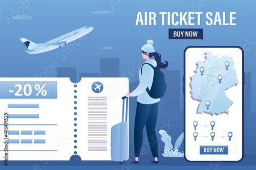 Air ticket sale, landing page template. Traveler with luggage, airplane takeoff. Boarding pass with discount. Online purchase of air tickets on smartphone