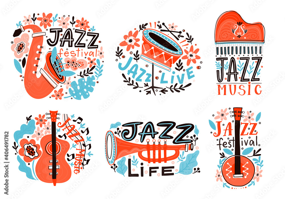 Jazz festival poster template. Lettering and floral decoration