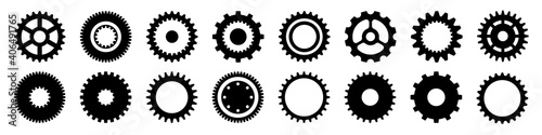 Simple gear icons. Wheels set on black background. Vector white cogwheels collection. 