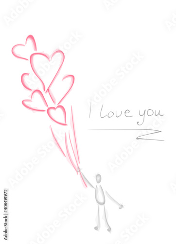 Gift card for Valentine's Day. The inscription I love you. The man flies on heart-shaped inflatable balloons. Beautiful abstraction about love.