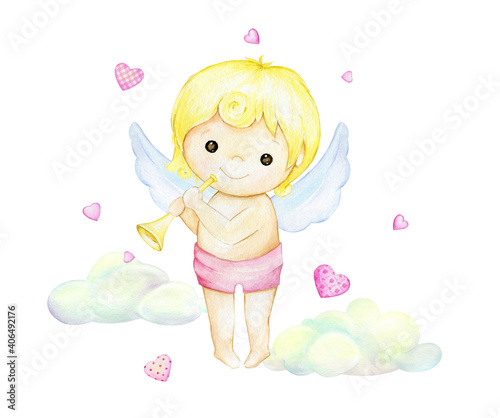 Cute cupid, with a flute, on the background of clouds and hearts. Watercolor clip art in cartoon style on an isolated background. for Valentine's Day.