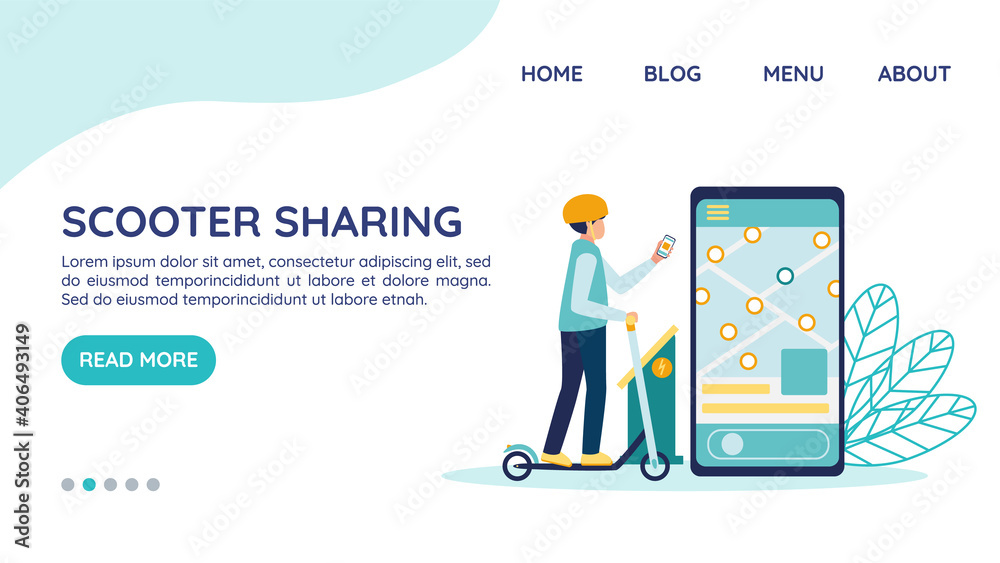 Electric scooter rental website landing page, vector template concept. Man in helmet unlocks the e-scooter with app near charging station. Smartphone with accessible transport map