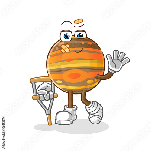 jupiter sick with limping stick character. cartoon mascot vector