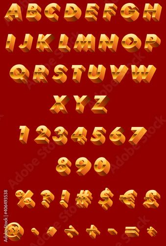 3D Golden Alphabet, Numbers, Punctuation Marks, Money Symbols in Vector. Global Colors Used.