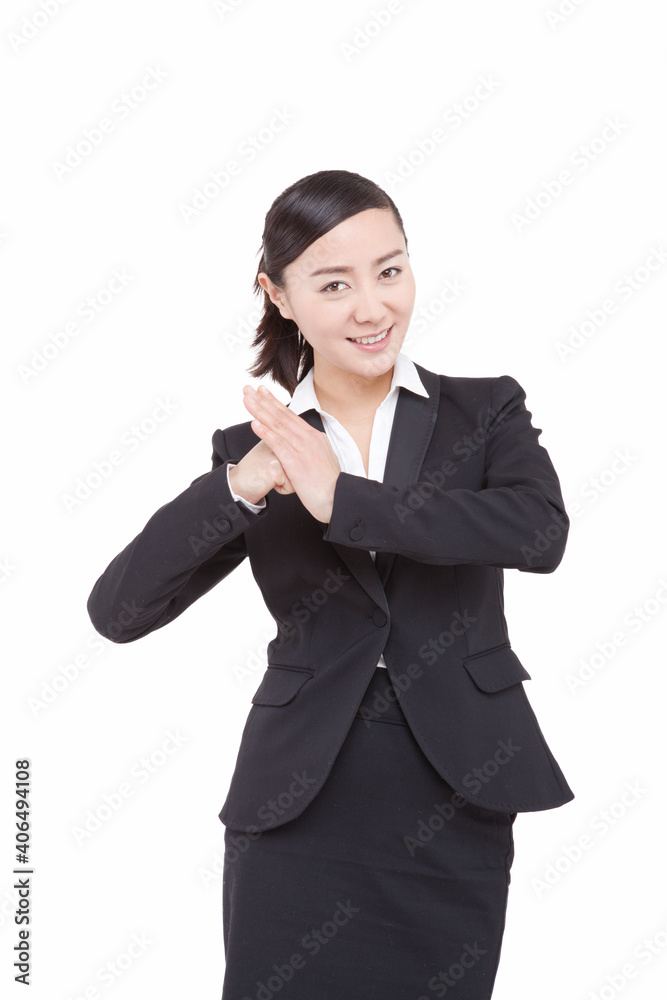 Young business woman paying New Year using cell phone 