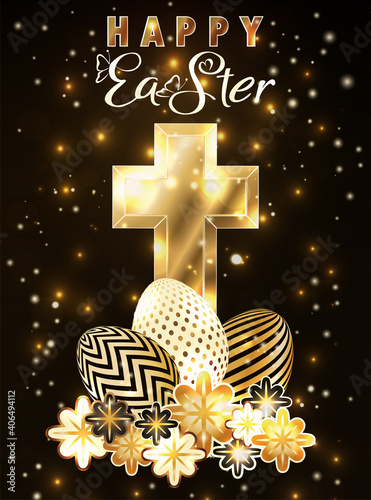 Happy Easter vip card with golden cross, eggs and flowers, vector illustration
