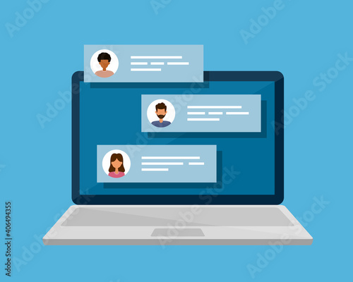 Remote communication. Internet forum. Chat messages on laptop. Vector isolated illustration.