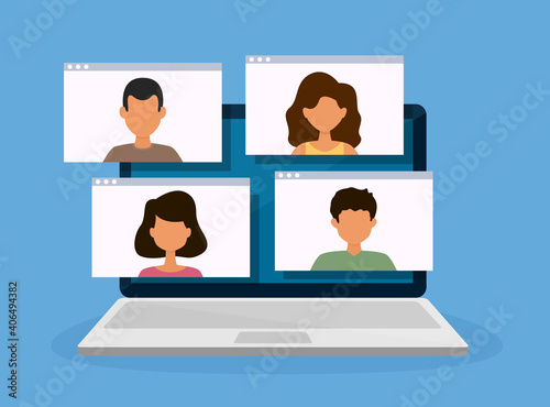 Video conference group people on laptop. Online communication. Vector illustration.