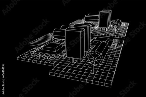Circuit board. Electronic computer components motherboard. Semiconductor microchip, diode. Hardware parts. Wireframe low poly mesh vector illustration.