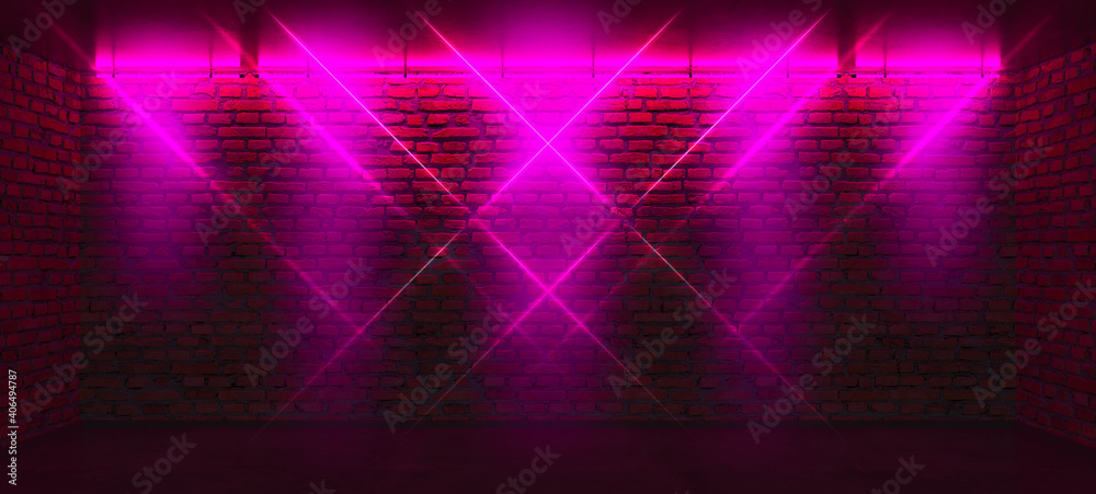 Background of an empty scene with brick walls and neon light. Brick walls, neon rays and glow