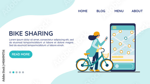 Bike sharing. Electric bicycle rental website landing page, template concept. Rental urban transport. Woman in helmet unlocks the bike with app. Smartphone with accessible transport map