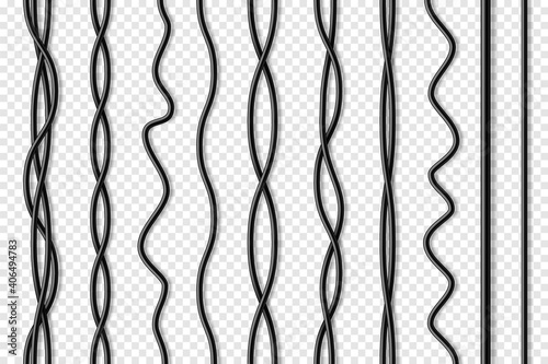 Set of black flexible cables with shadow. Electrical wire. Realistic power or network cable. Vector illustration.