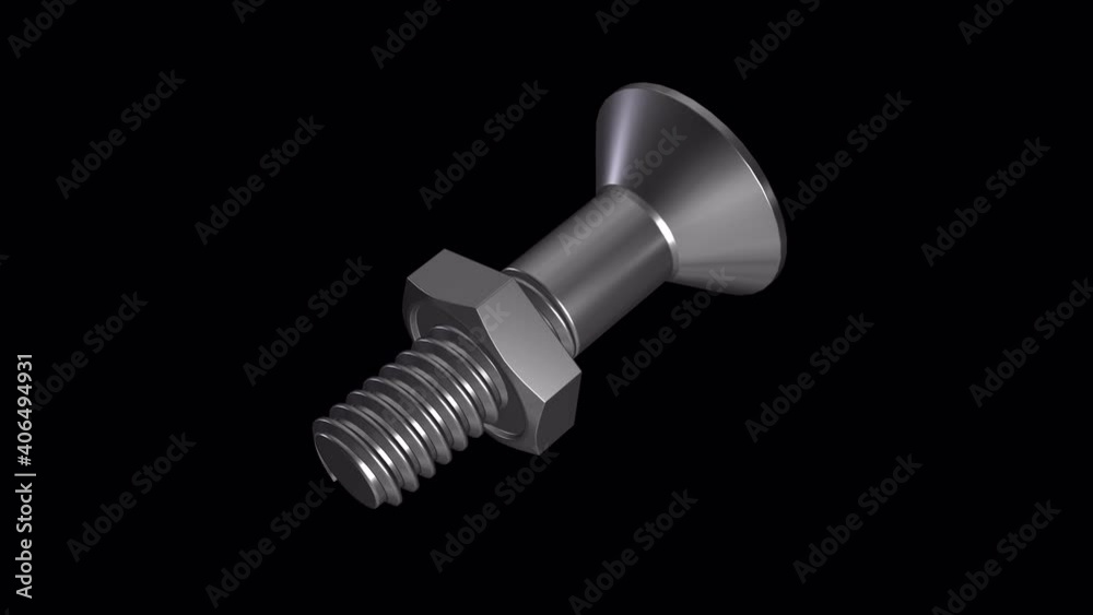 Screw and nut. The animation of the tightening nut and bolt metal Grey. The screw is at an angle. Nut on the front. Video without background. Isolated object with an alpha channel. 4444 4k 3D
