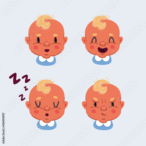 Vector illustration of the facial expression of face of a little boy. Sleeping, angry, laughing, wondering baby,