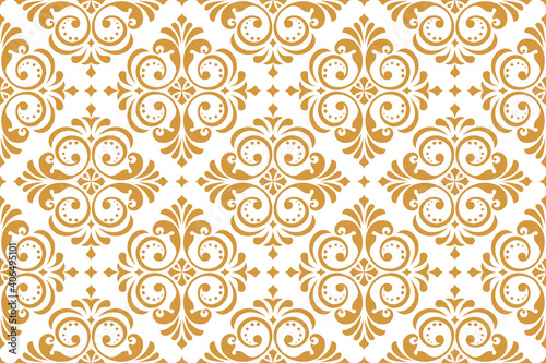 Floral pattern. Vintage wallpaper in the Baroque style. Seamless vector background. White and gold ornament for fabric, wallpaper, packaging. Ornate Damask flower ornament