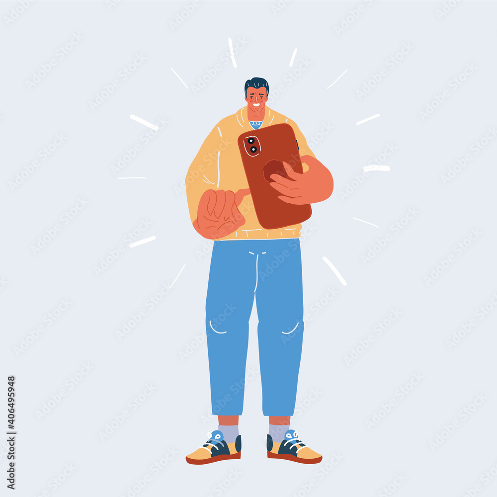 Vector illustration of Man using Smartphone on white background. Character take photo or send message.