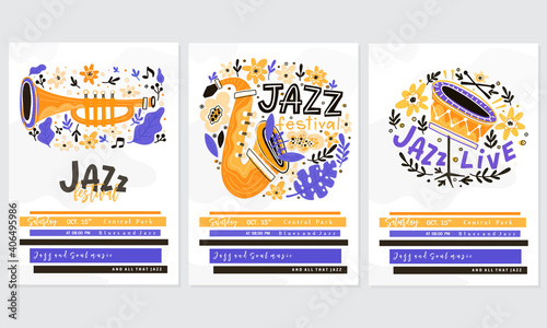 Jazz festival poster template. Lettering and floral decoration