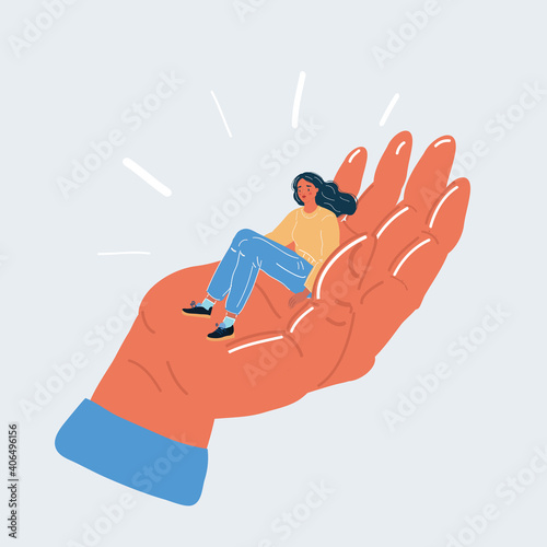 Vector illustration of giant human hand arm hold tiny woman. Help or control concept on white backround.