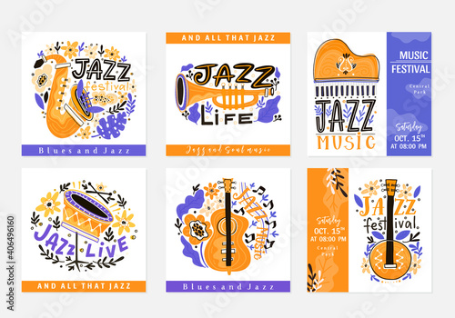 Jazz festival poster template. Lettering and floral decoration