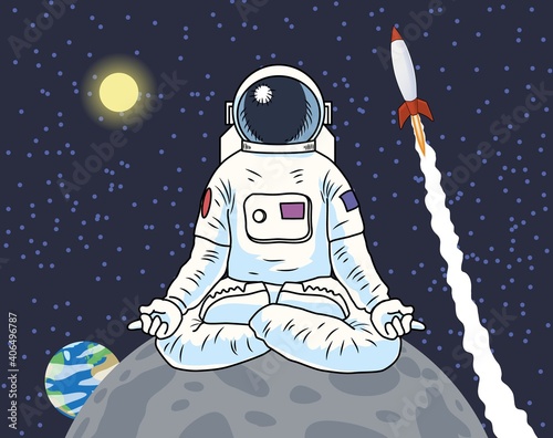 Astronaut sitting meditating on a planet or moon