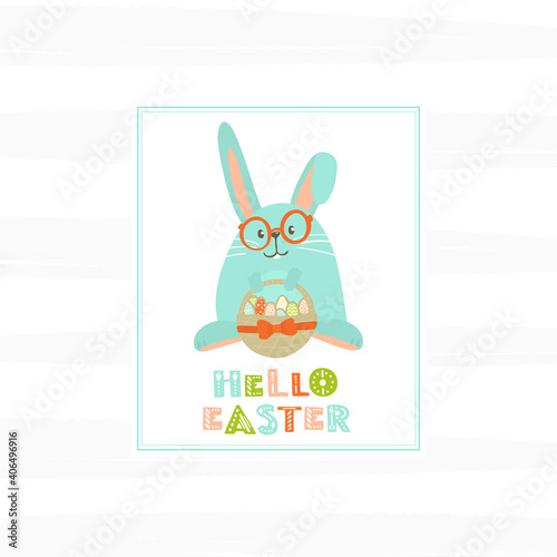 Easter vector illustration with cute bunny in glasses and decorative lettering