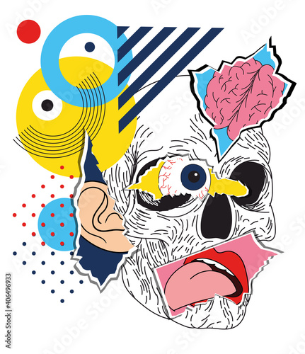 Bright colorful collage of a Zine male skull