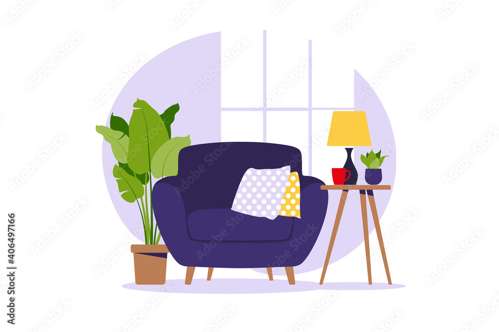 Fototapeta premium Modern armchair with mini table. Interior of the living room with furniture. Flat cartoon style. Vector illustration.
