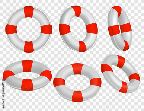 Set of 6 realistic red and white life buoy icons
