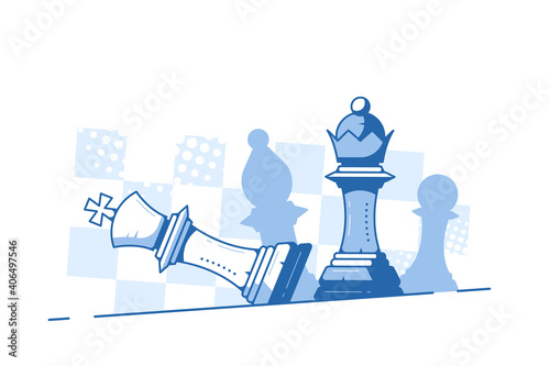 Falling King and Queen Figure on Chess Board Background.