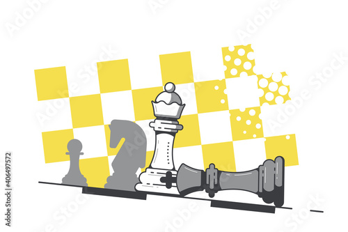 Falling King and Queen Figure on Chess Board Background.