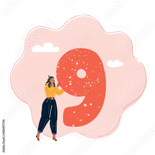 Vector illustration of Illustration of woman hold number nine in her hands.