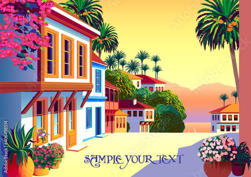 Summer mediterranean cityscape with traditional houses, palm trees and dea in the background.