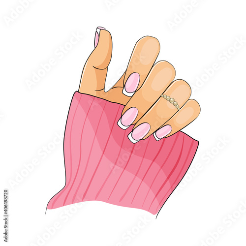 Fashion french manicure on woman hand. Vector illustration
