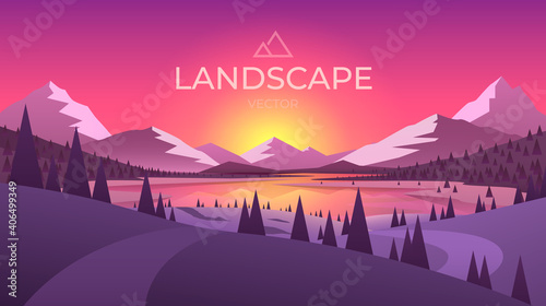 Fototapeta Naklejka Na Ścianę i Meble -  Landscape with silhouettes of mountains and Mountain river. Nature background. Vector