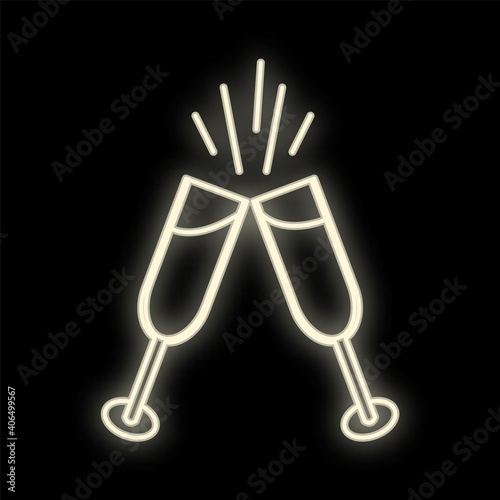 Neon drink in two glasses. Bright toast sign. Cocktails, binge, champagne, wine, theme. Light glowing alcohol symbol © Bolbik